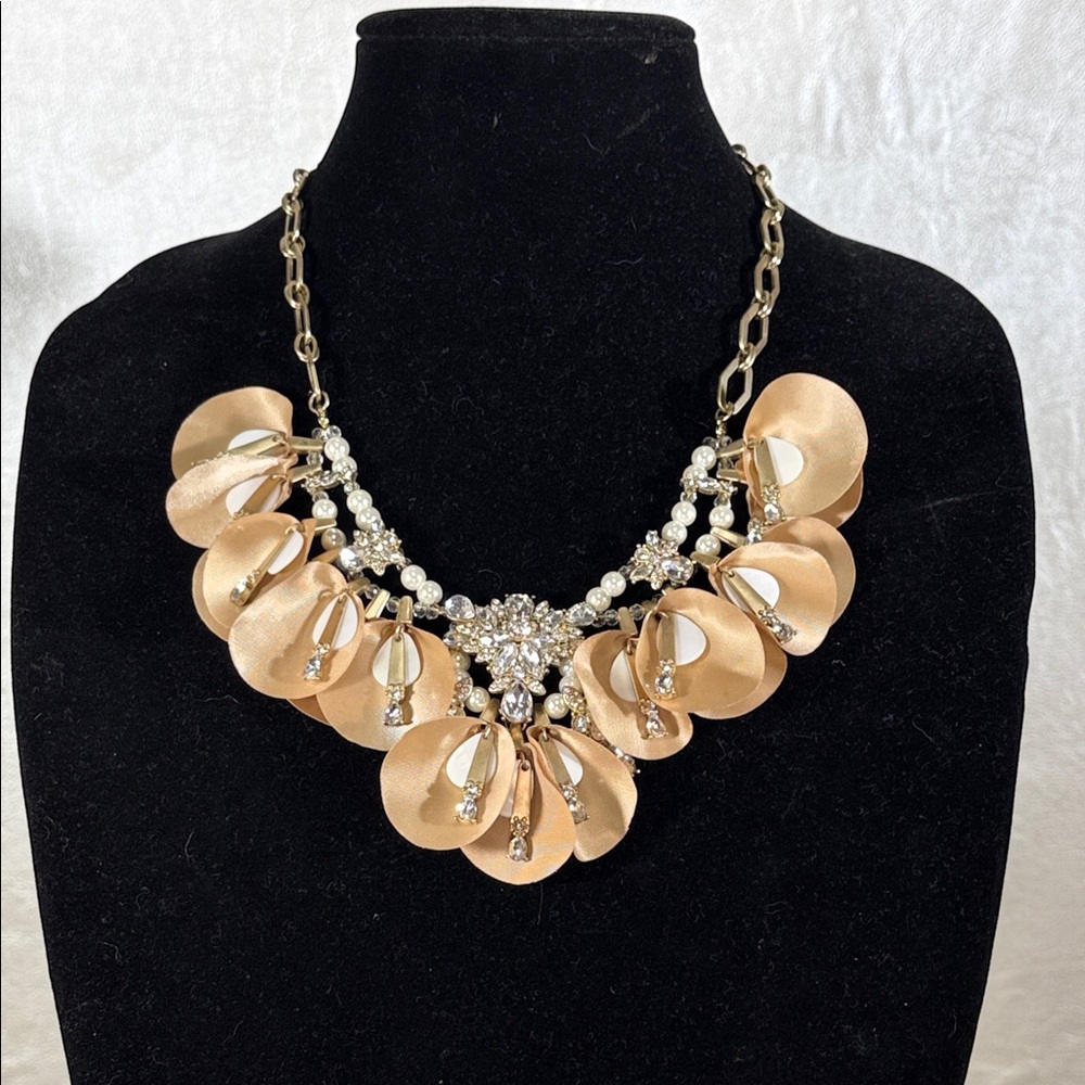 VTG BRIGHTON Silk Flower Rhinestone, Gold Floral Necklace.